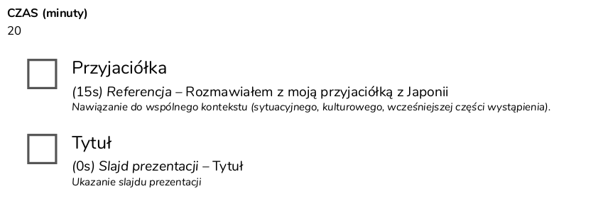 Fragment konspektu w postaci do druku. Wskazany na nim jest czas wystąpienia (20 minut) oraz pierwsze dwa punkty struktury mowy wraz z krótkimi opisami części mowy.