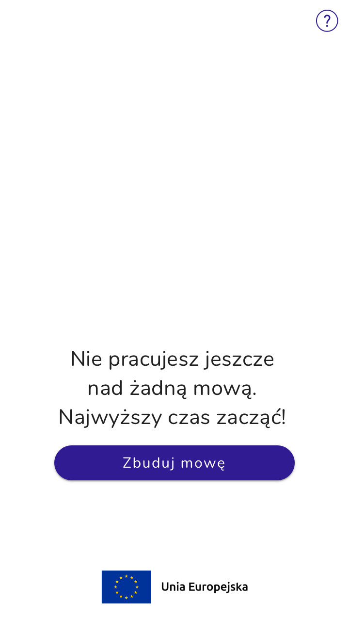 Widok startowy w aplikacji Mówca. Brak mów.