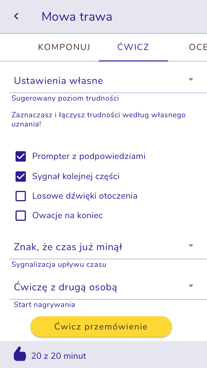 Ekran: Opcje ćwiczenia. Zawiera rozmaite preferencje, które można ustawić, dotyczące dźwięków przeszkadzających, wyświetlania podczas nagrywania i nie tylko.