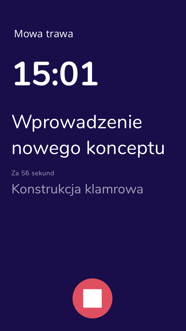 Ekran: nagrywanie. Na prompterze pokazują się nazwy części, a ma dole ekranu jest przycisk STOP.