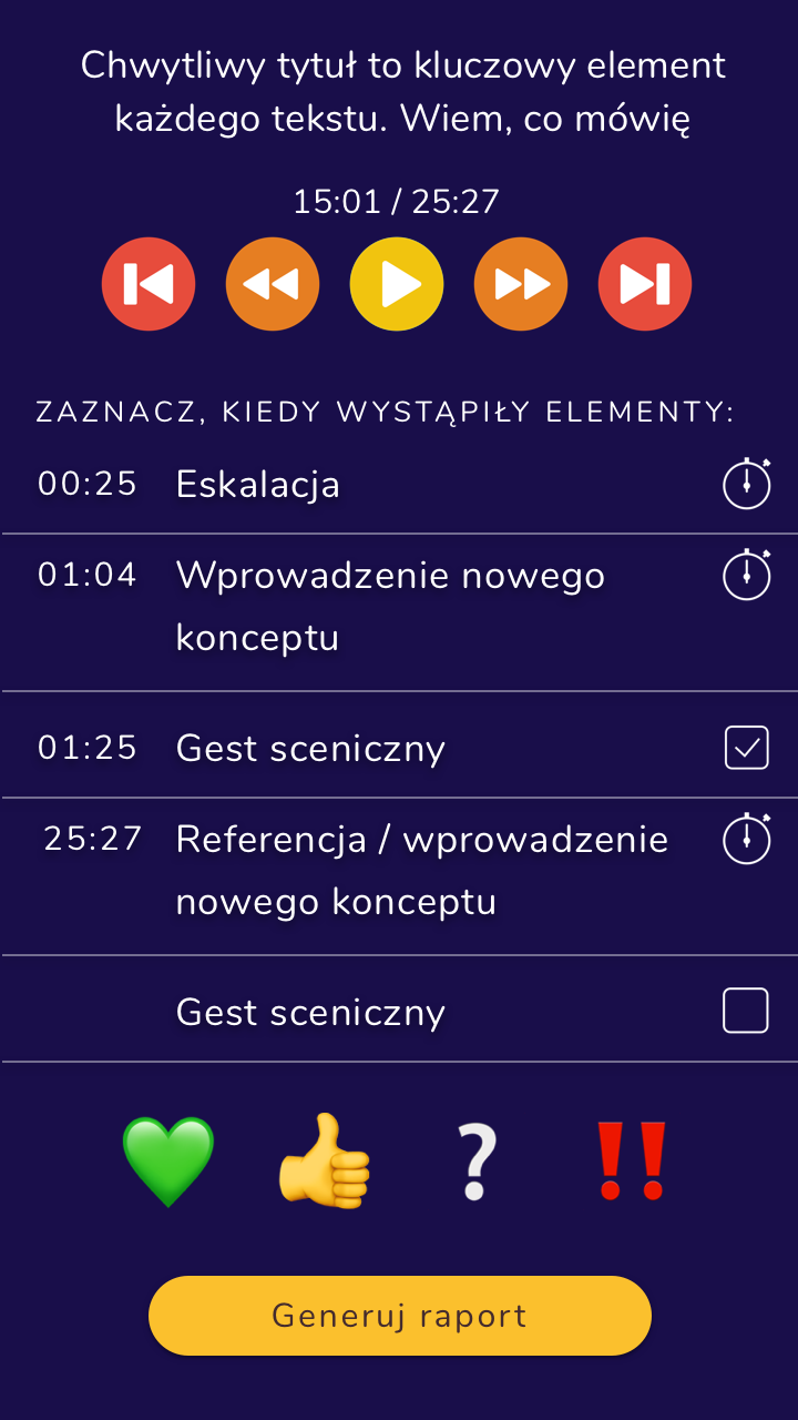 Ekran: odsłuch mowy. Na górze kontrolki startu, pauzy i przewijania nagrania. Poniżej lista elementów struktury mowy z możliwością zaznaczenia, kiedy wystąpił w trakcie nagrania. Na dole przyciski do przeprowadzenia ewaluacji nagrania, a pod tym przycisk Generuj Raport.