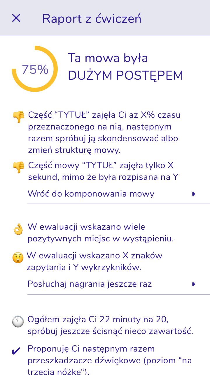 Ekran: raport z ewaluacji. Wskazany wynik procentowy: 75%, poniżej rekomendacje automatycznie generowane przez aplikację.