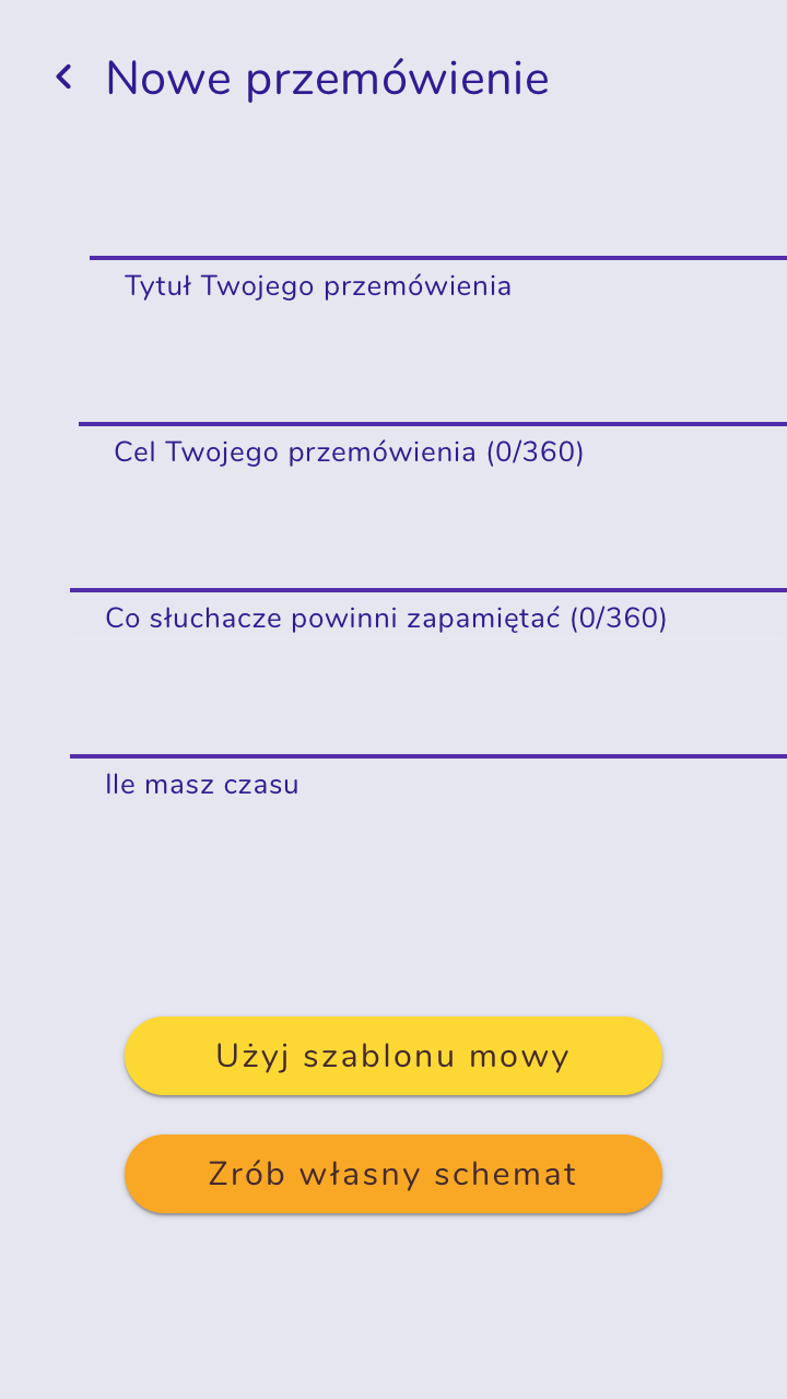 Ekran: Nowe przemówienie. Zawiera tytuł, cel, przekaz (co słuchacze powinni zapamiętać), czas przeznaczony i guziki Użyj szablonu mowy oraz Zrób własny schemat