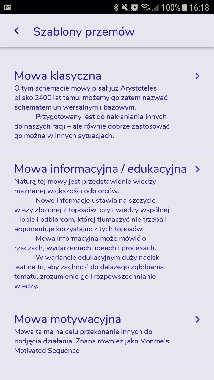 Ekran: Szablony przemów. Do wyboru: ,mowa klasyczna, informacyjna/edukacyjna oraz mowa motywacyjna.