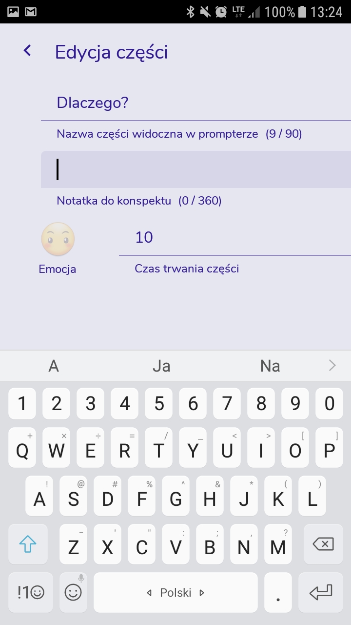 Ekran: edycja części mowy. Edytować można nazwę, opis w konspekcie mowy, czas (sekundy) oraz emocję (emoji) przypisane do tego elementu.