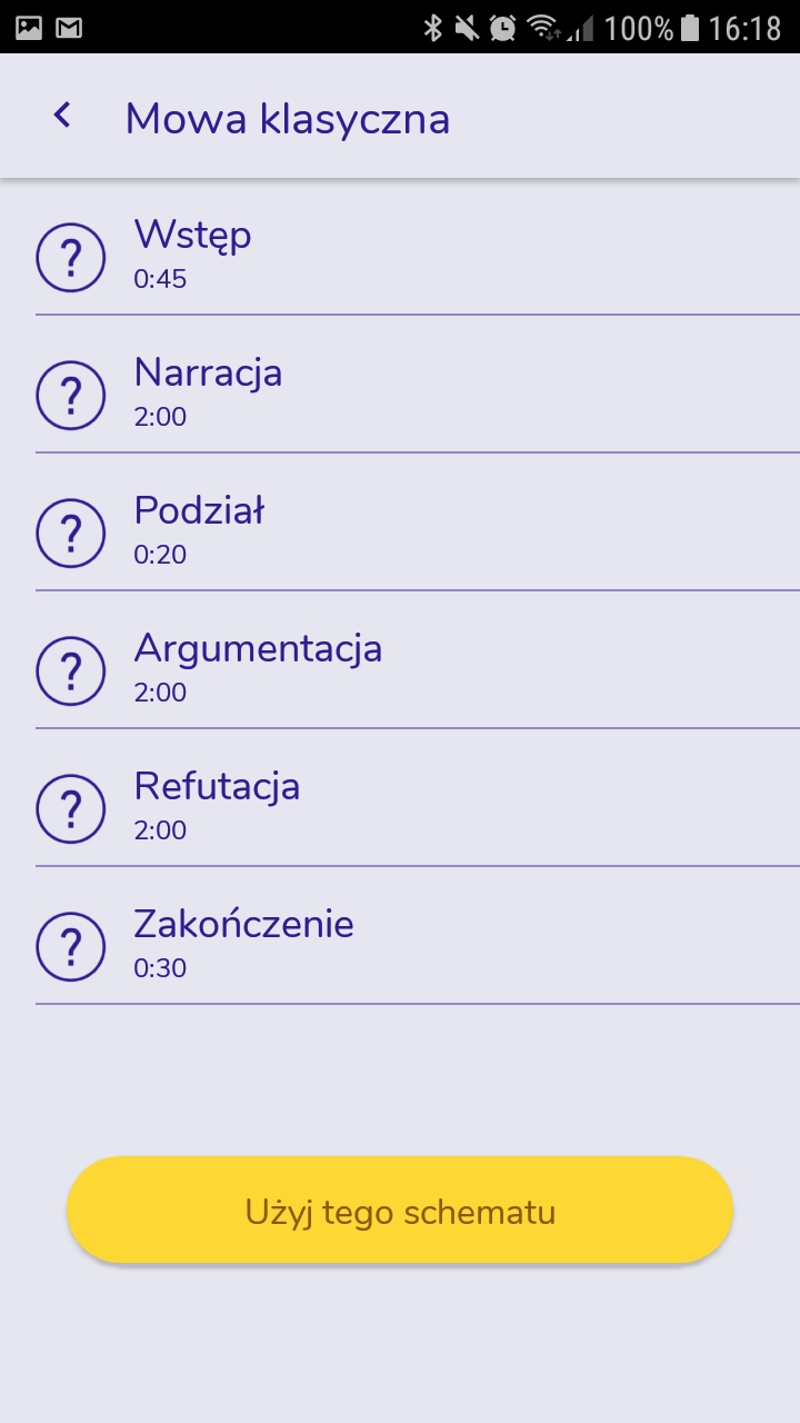 Ekran: Mowa klasyczna. 6 elementów: wstęp, narracja, podział, argumentacja, refutacja, zakończenie. Guzik: użyj tego schematu
