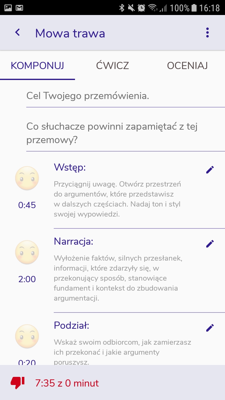 Ekran: Edycja zawartości mowy po wybraniu szablonu
