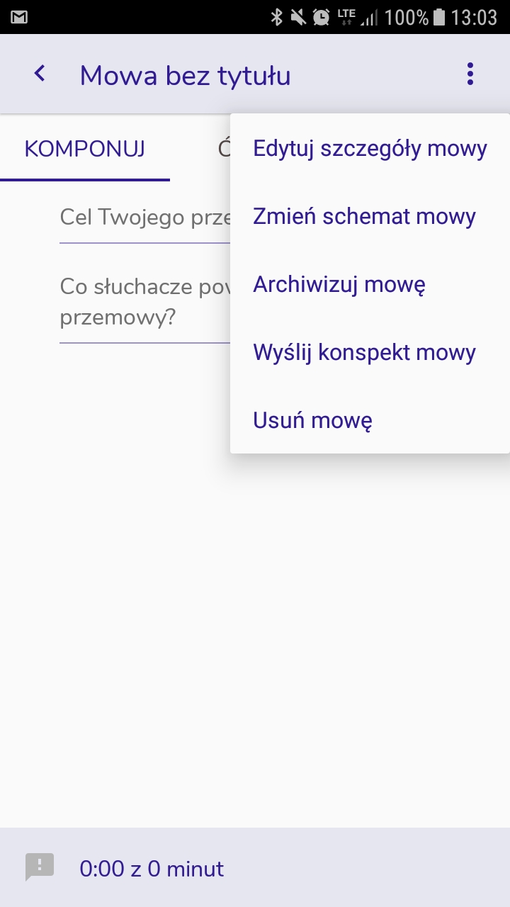 Ekran: Edycja zawartości mowy (pusty). Wybrane menu z pięcioma elementami: Edytuj szczegóły mowy, Zmień schemat mowy, Archiwizuj mowę, Wyślij konspekt mowy, Usuń mowę