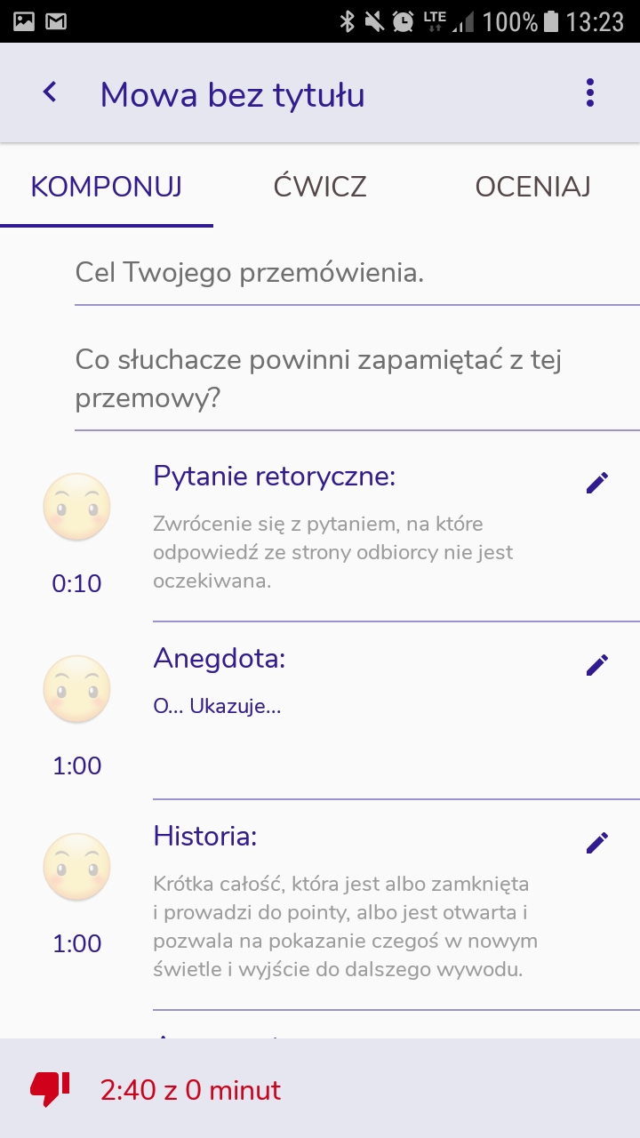 Ekran: Zawartość mowy. Zawiera kilka elementów dodanych przed chwilą.